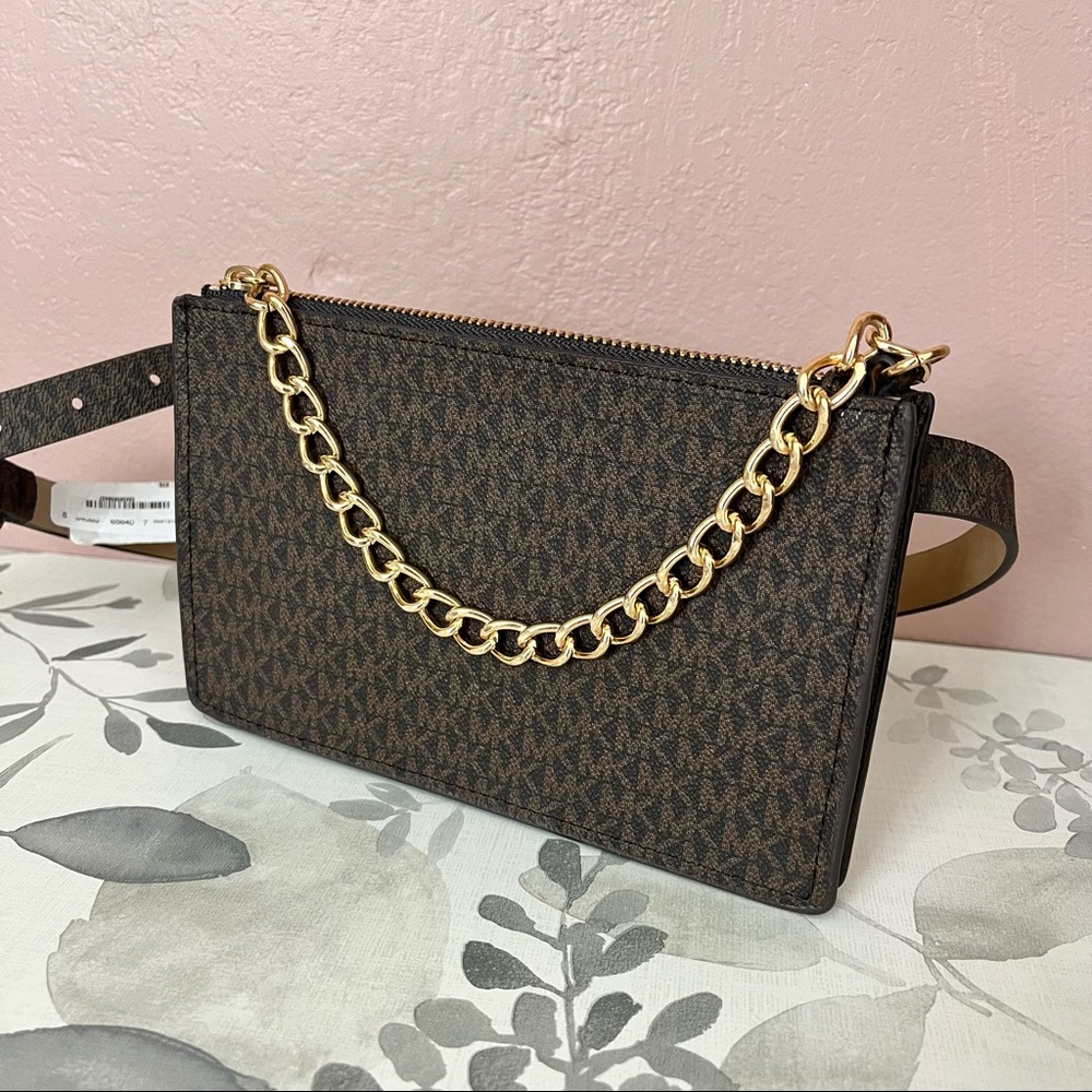 Michael Korrs Brown Belt Bag with Gold Chain XS